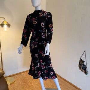 Eliza J Black Midi Peek-A-Boo Back, Ruching, 3/4 sleeve, Floral pattern, Size 16